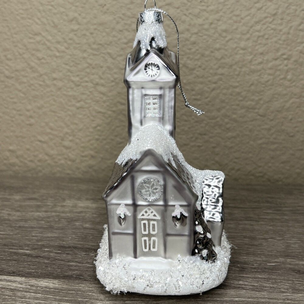 Hand Blown Glass White Silver Glitter House Church Christmas Ornament 6"